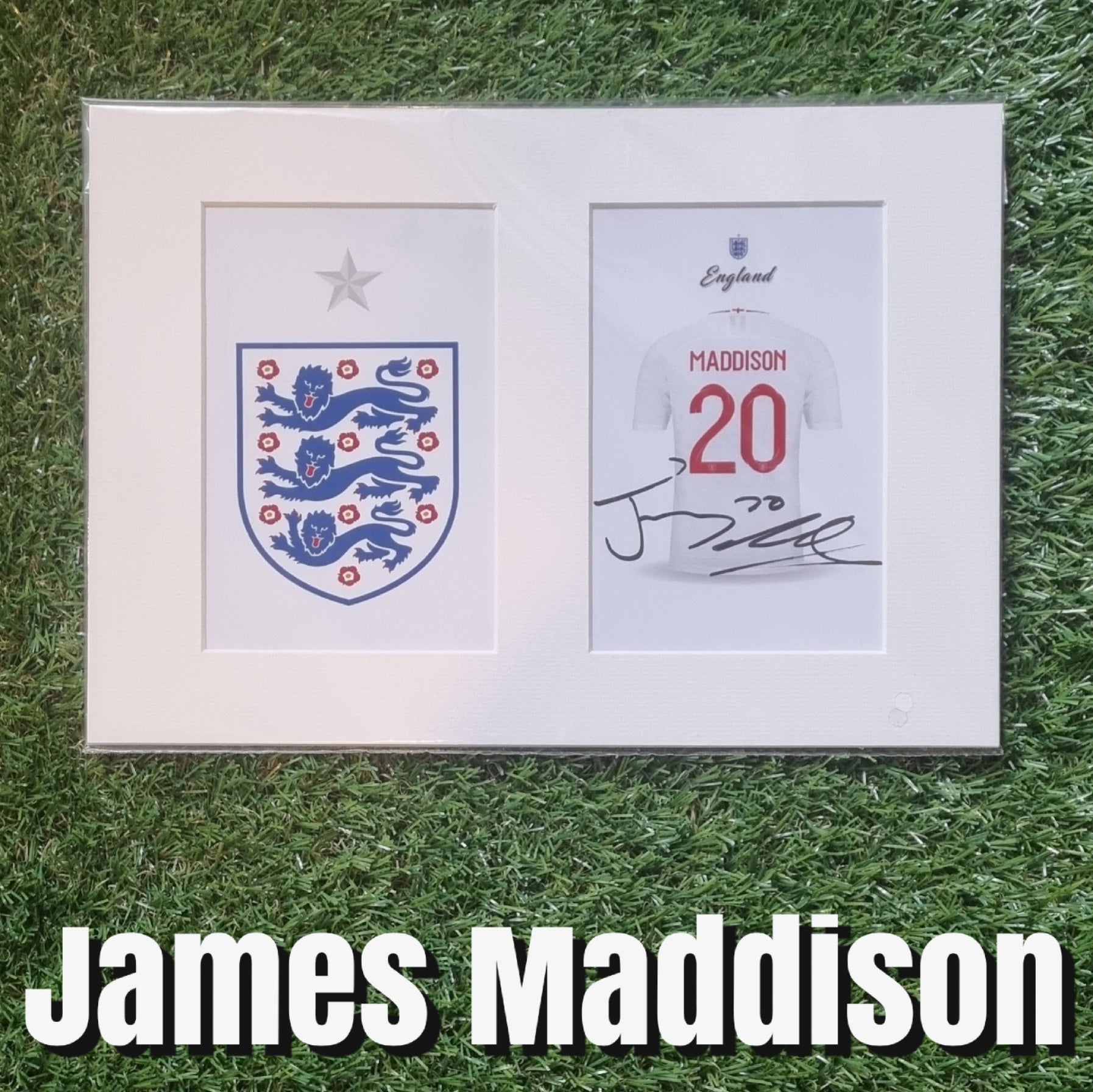 James Maddison Signed England Shirt & Crest Display - White Mount - A4