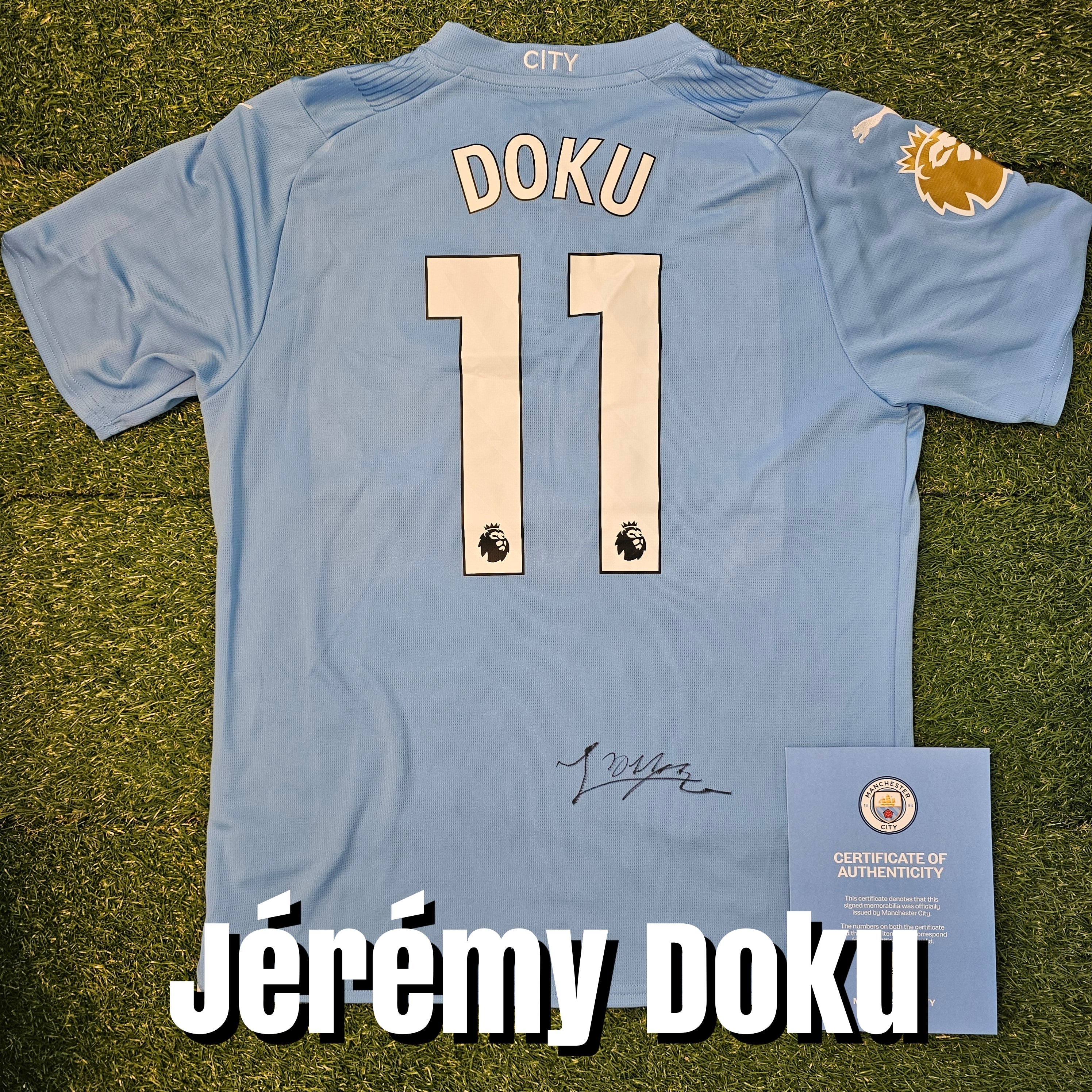 Jérémy Doku Signed 2023/24 Manchester City Home Shirt - Signed Back - Official Manchester City COA