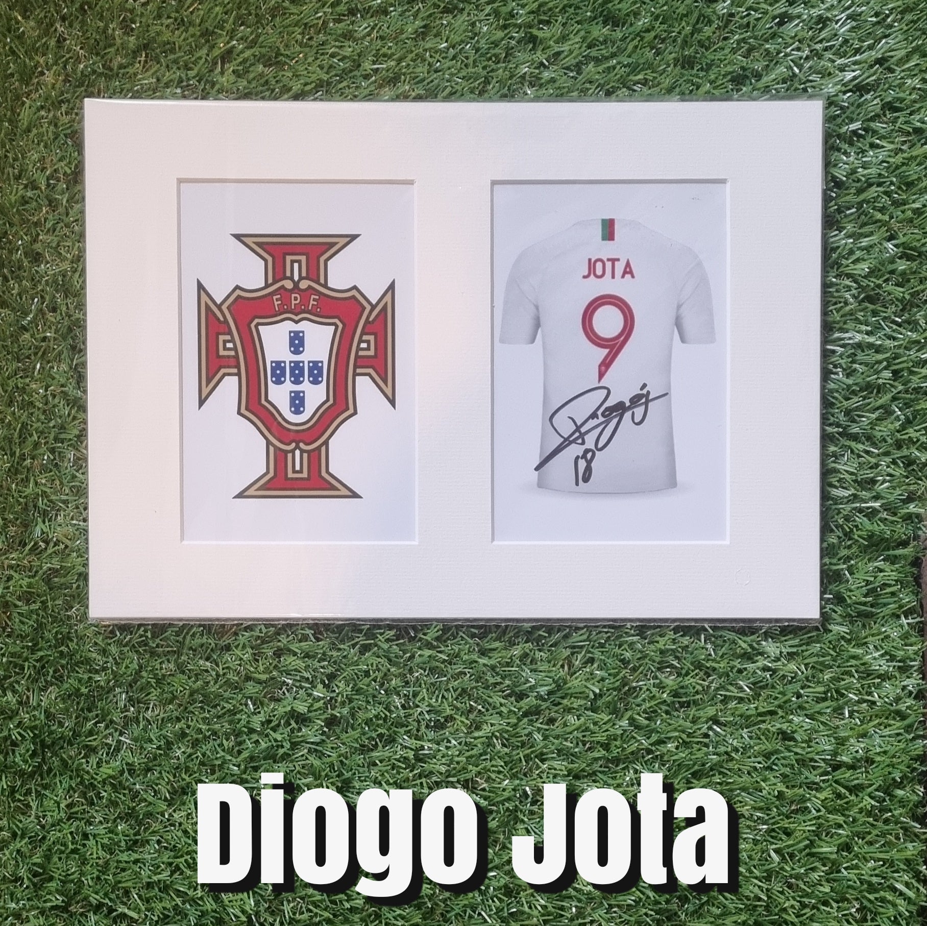 Diogo Jota Signed Portugal Shirt & Crest Display - White Mount - A4