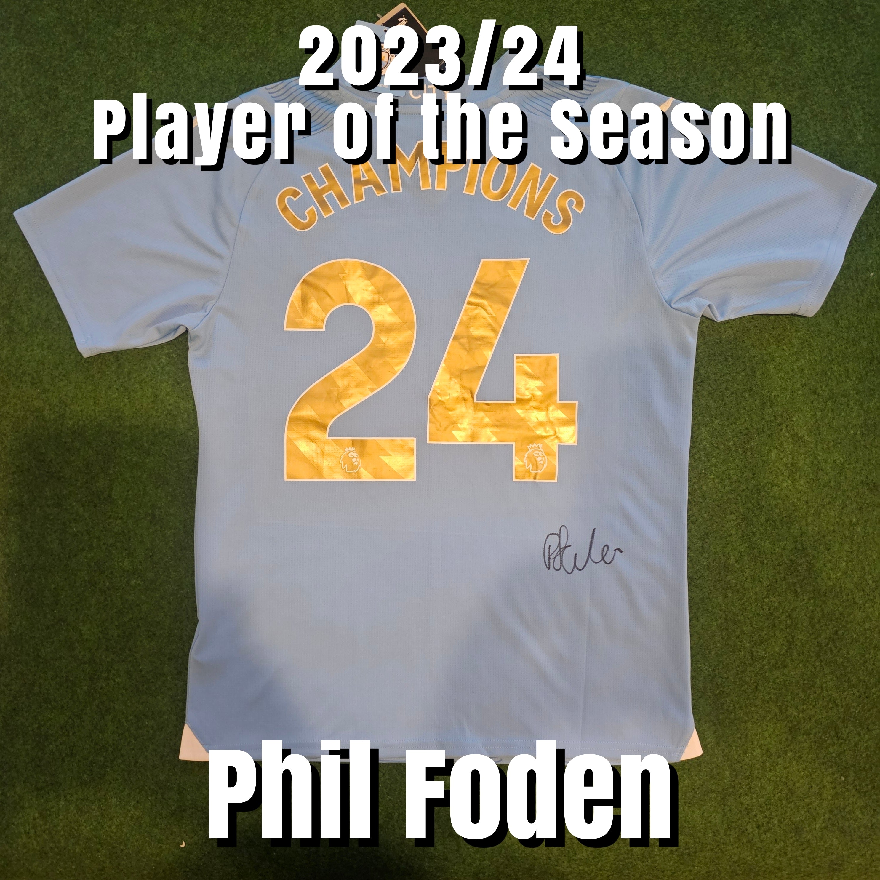 Phil Foden Signed 2023/24 Manchester City Home Shirt - Champions 24 Print - Signed Back