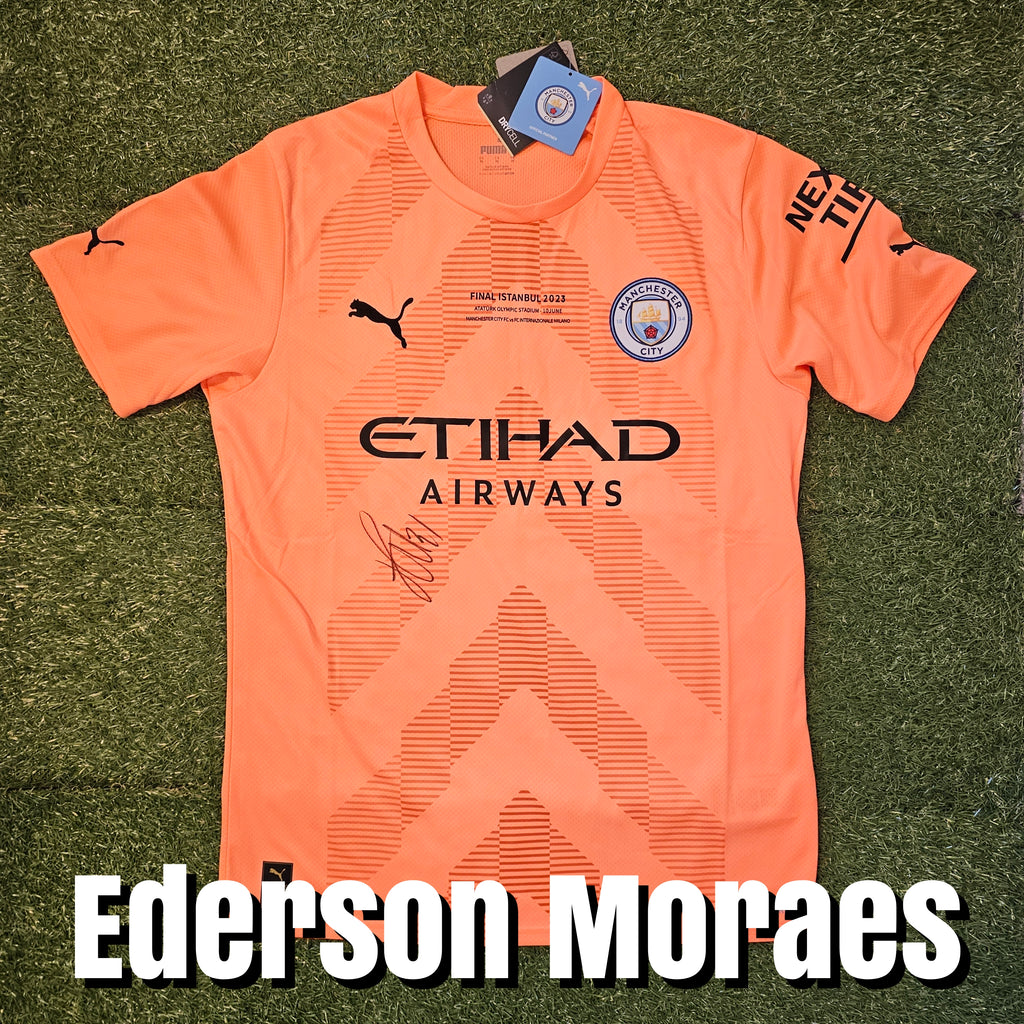 Ederson Moraes Signed 2022/23 Manchester City Goalkeeper Shirt - Champions League Final Detail - Signed Front