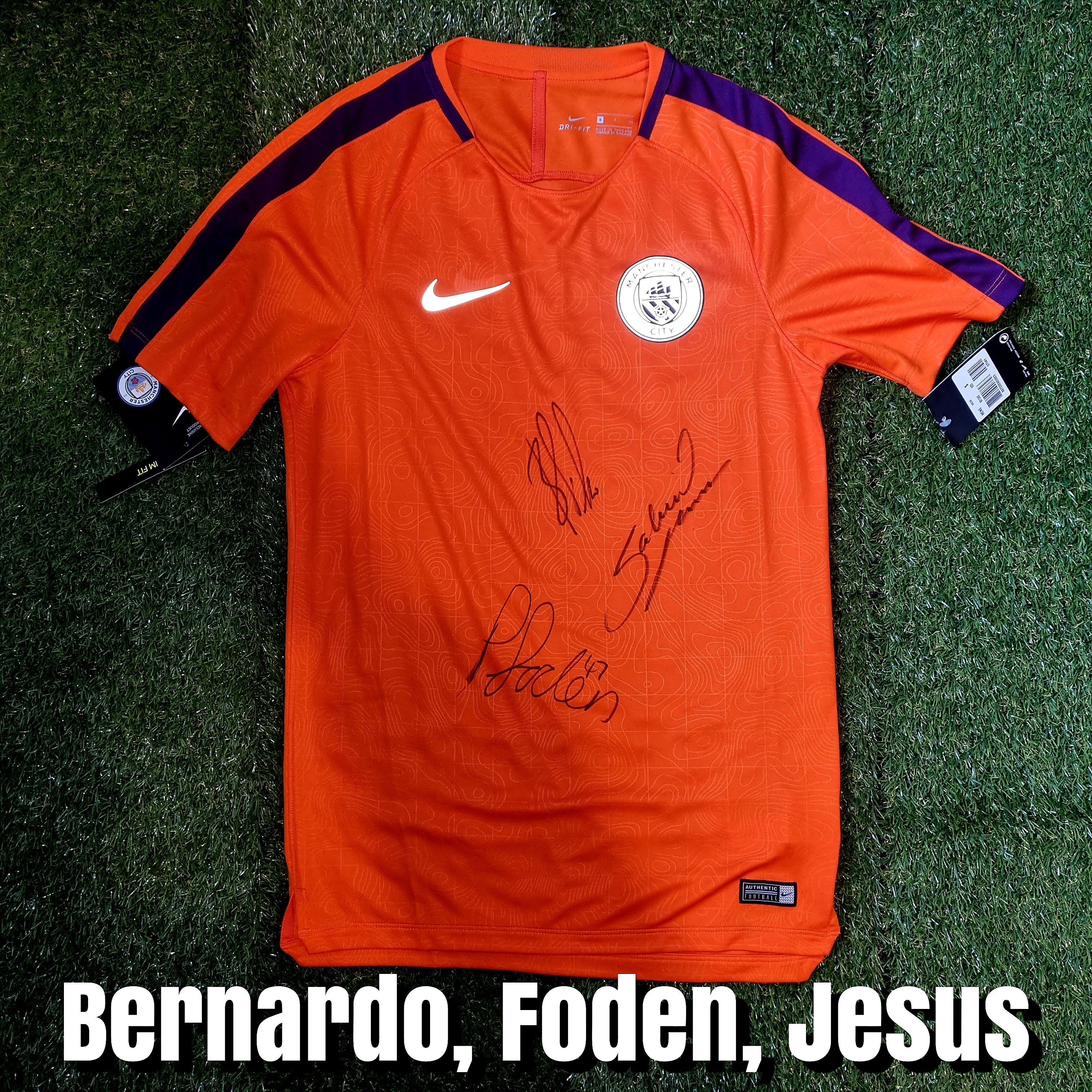 Bernardo Silva, Phil Foden & Gabriel Jesus Multi-Signed 2018/19 Manchester City Training Shirt - Signed Front