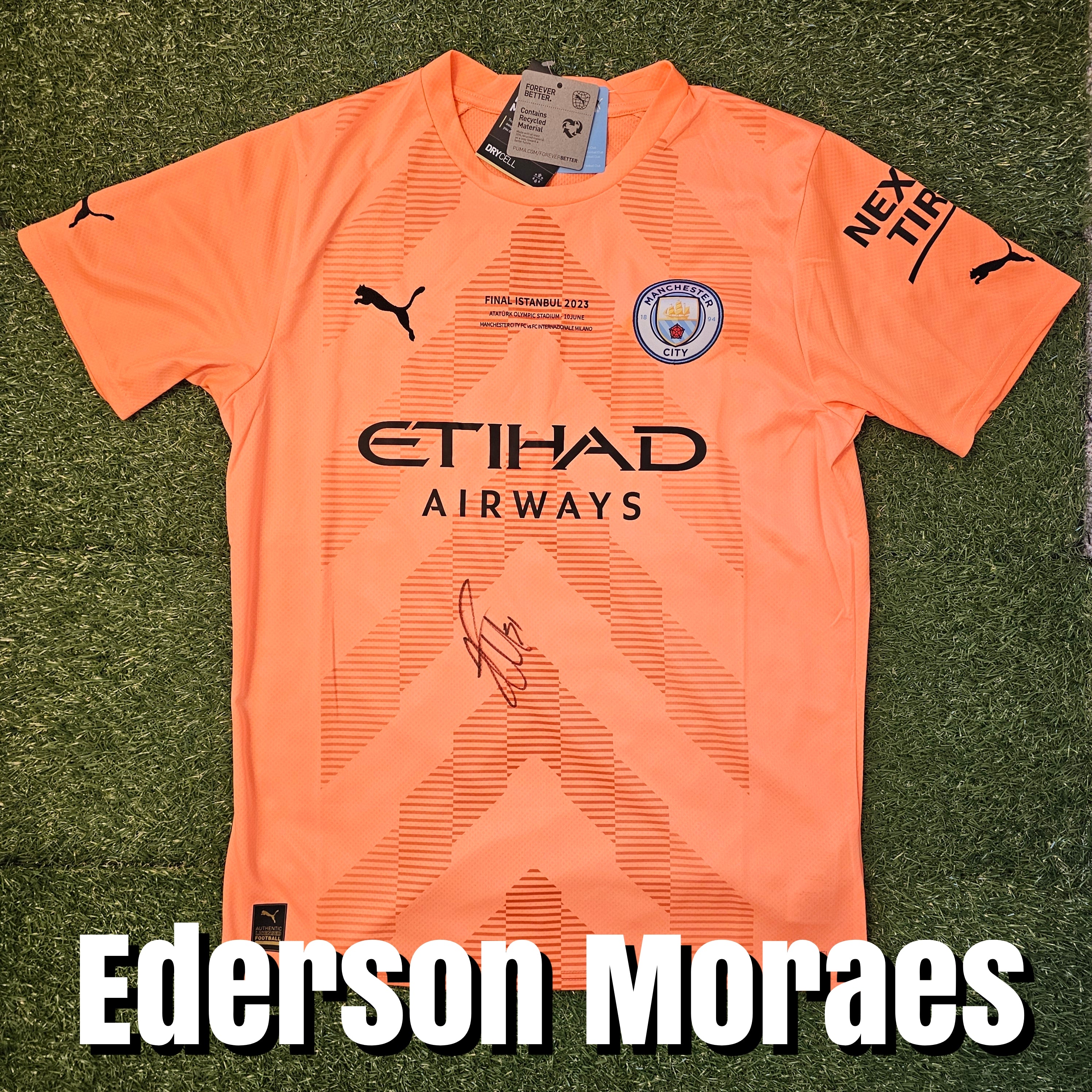 Ederson Moraes Signed 2022/23 Manchester City Goalkeeper Shirt - Champions League Final Detail - Signed Front