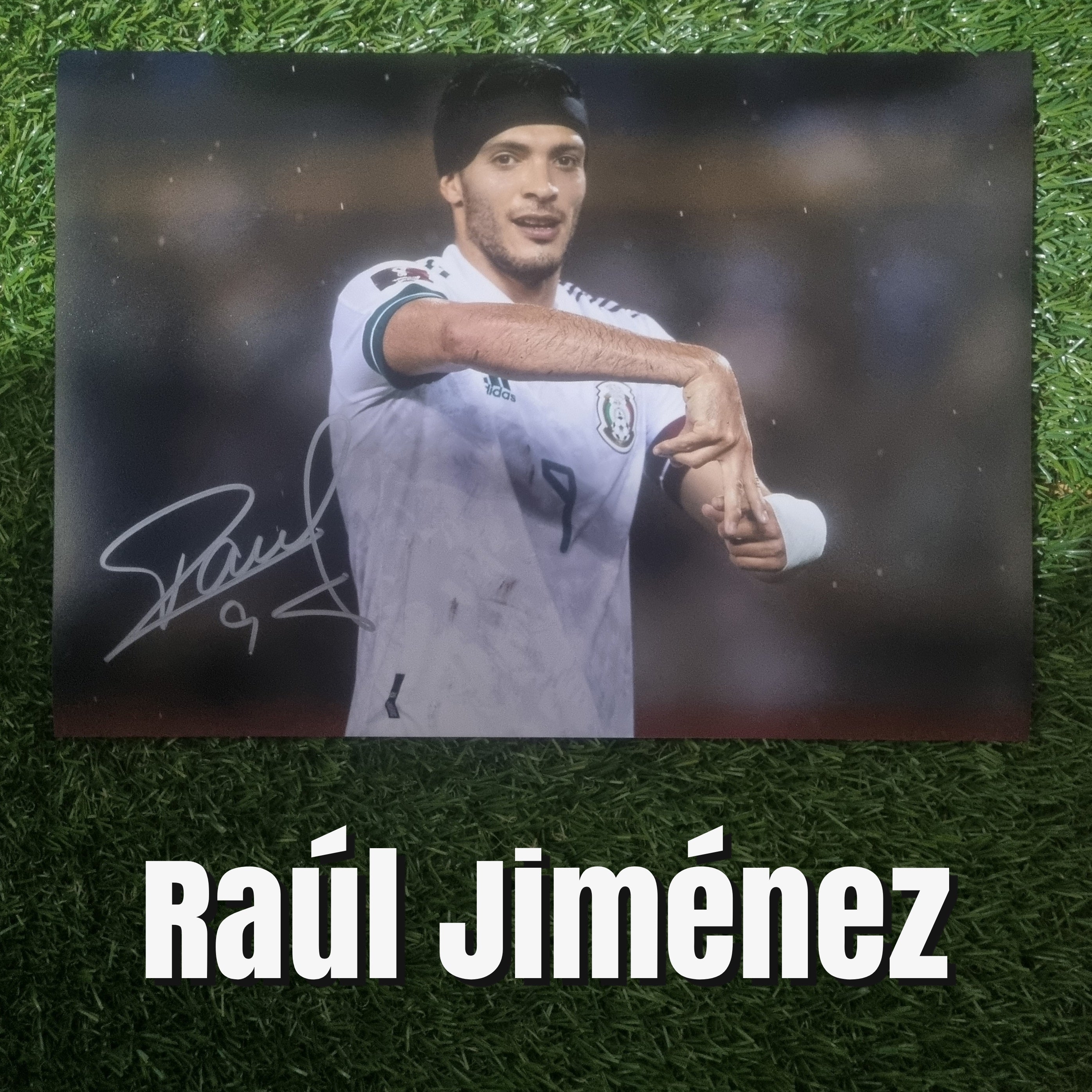 Raúl Jiménez Signed A4 Mexico White Kit Photo