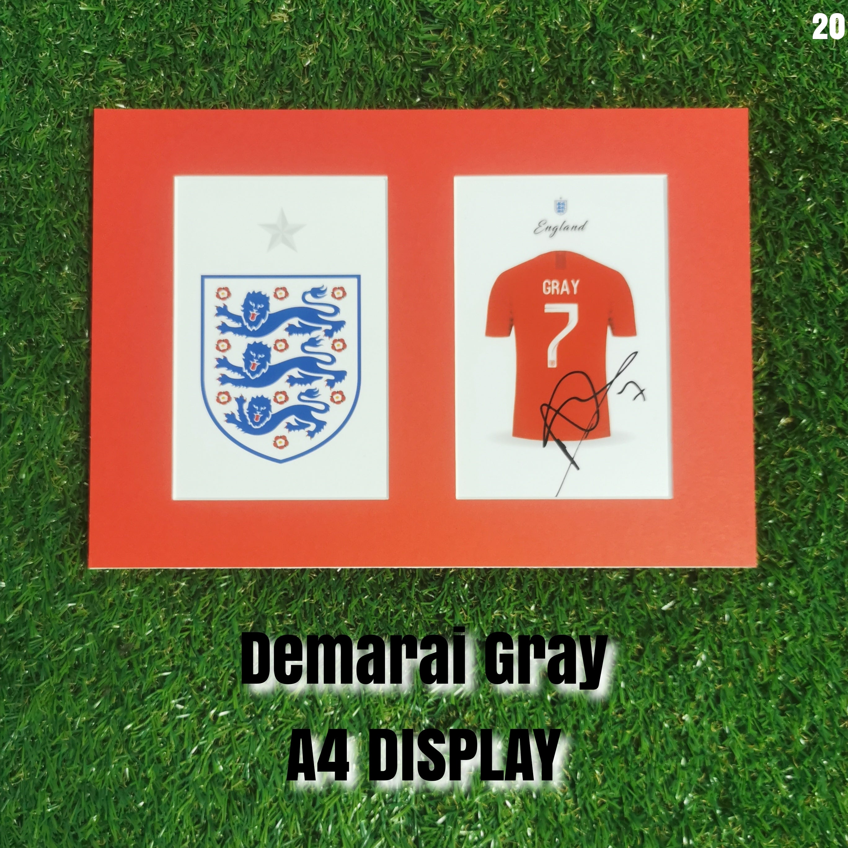 Demarai Gray Signed England Shirt & Crest Display - Red Mount - A4