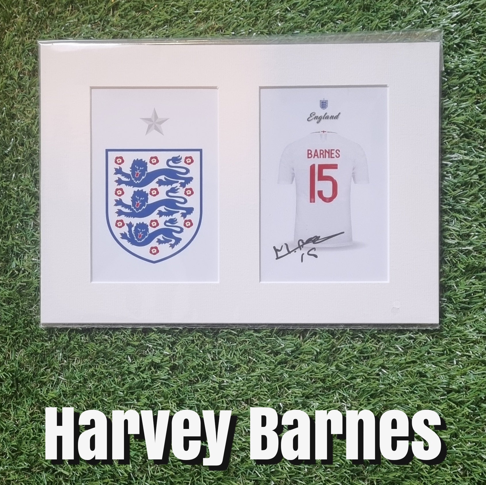 Harvey Barnes Signed England Shirt & Crest Display - White Mount - A4