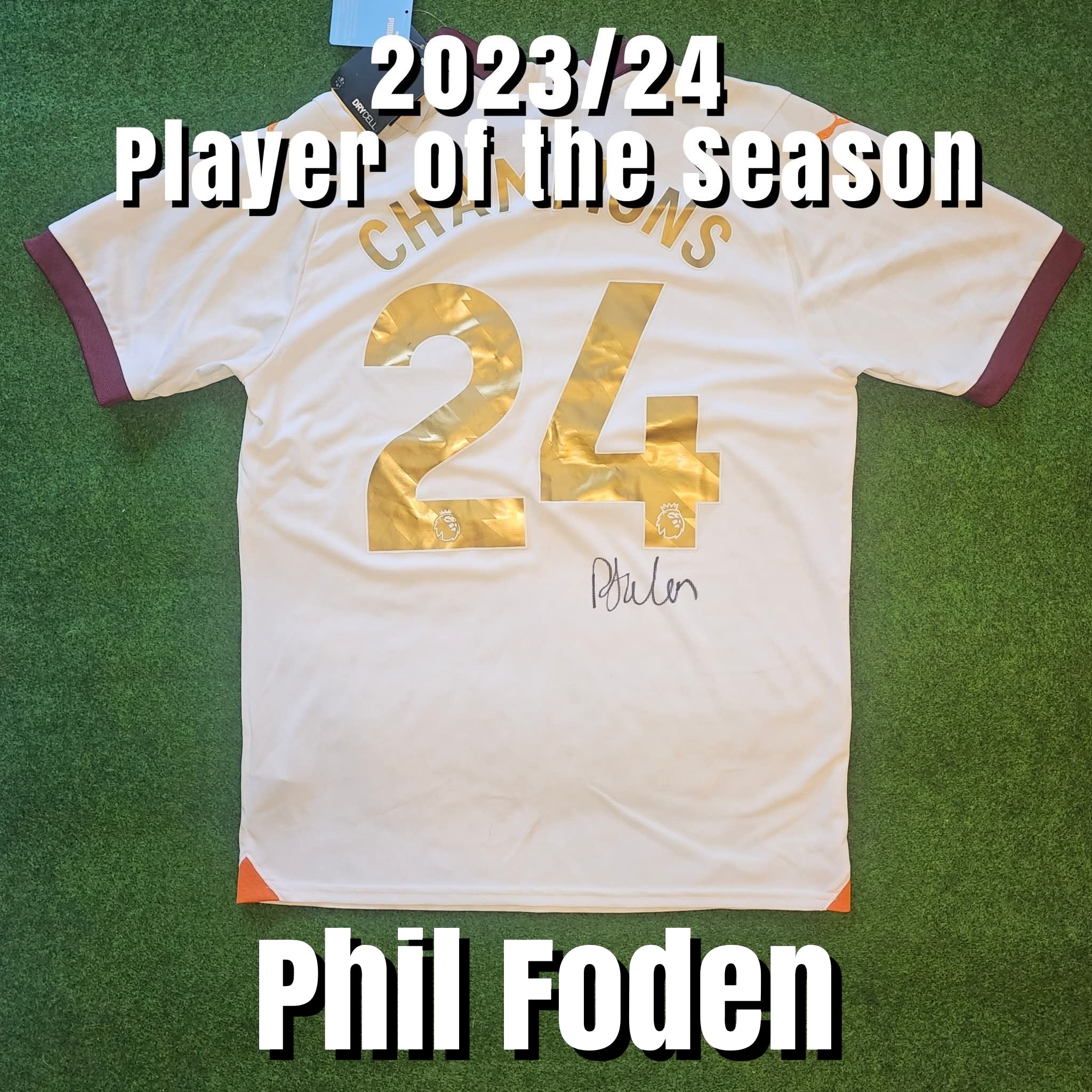 Phil Foden Signed 2023/24 Manchester City Away Shirt - Champions 24 Print - Signed Back