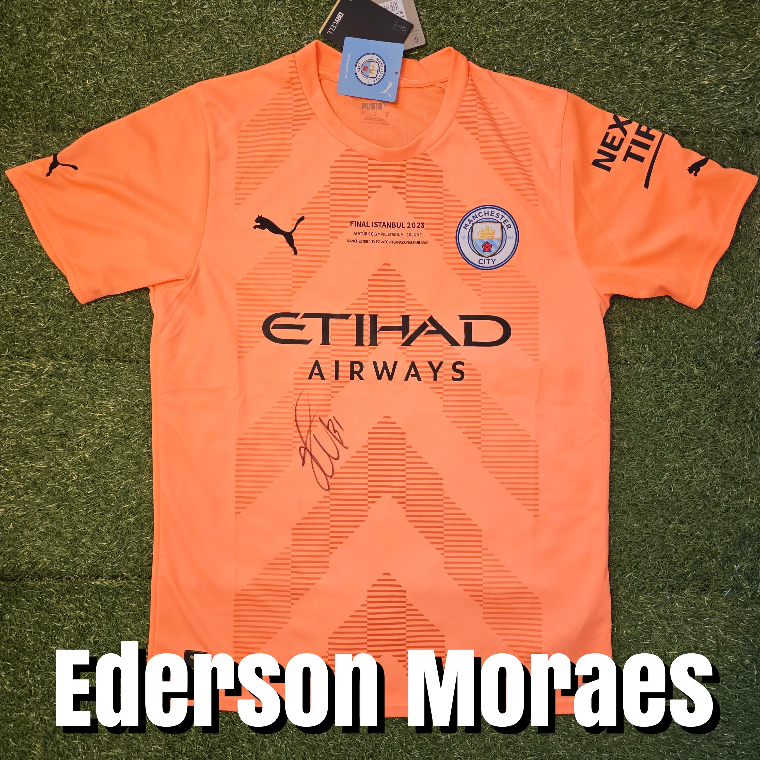 Ederson Moraes Signed 2022/23 Manchester City Goalkeeper Shirt - Champions League Final Detail - Signed Front