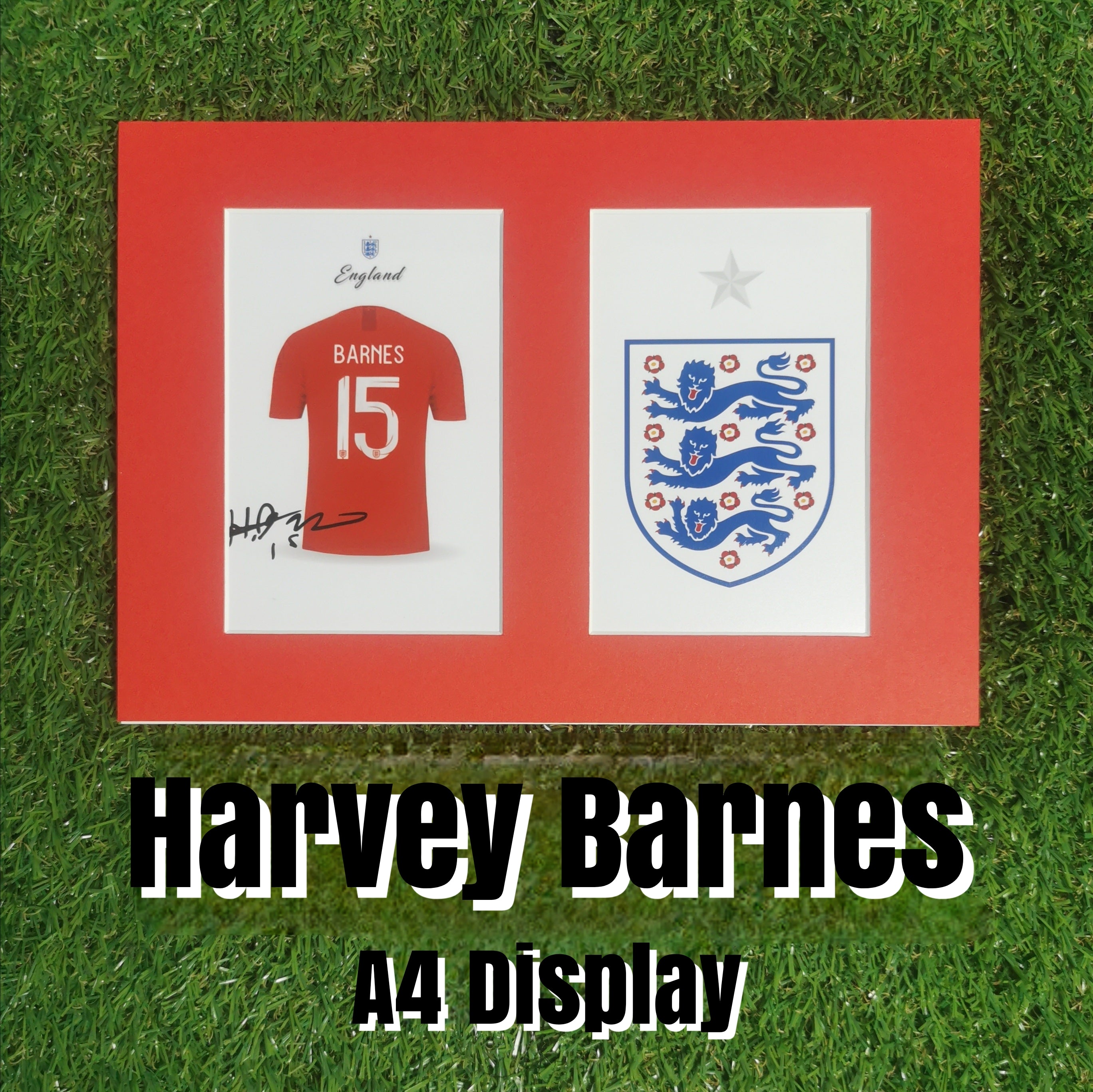 Harvey Barnes Signed England Shirt & Crest Display - Red Mount - A4