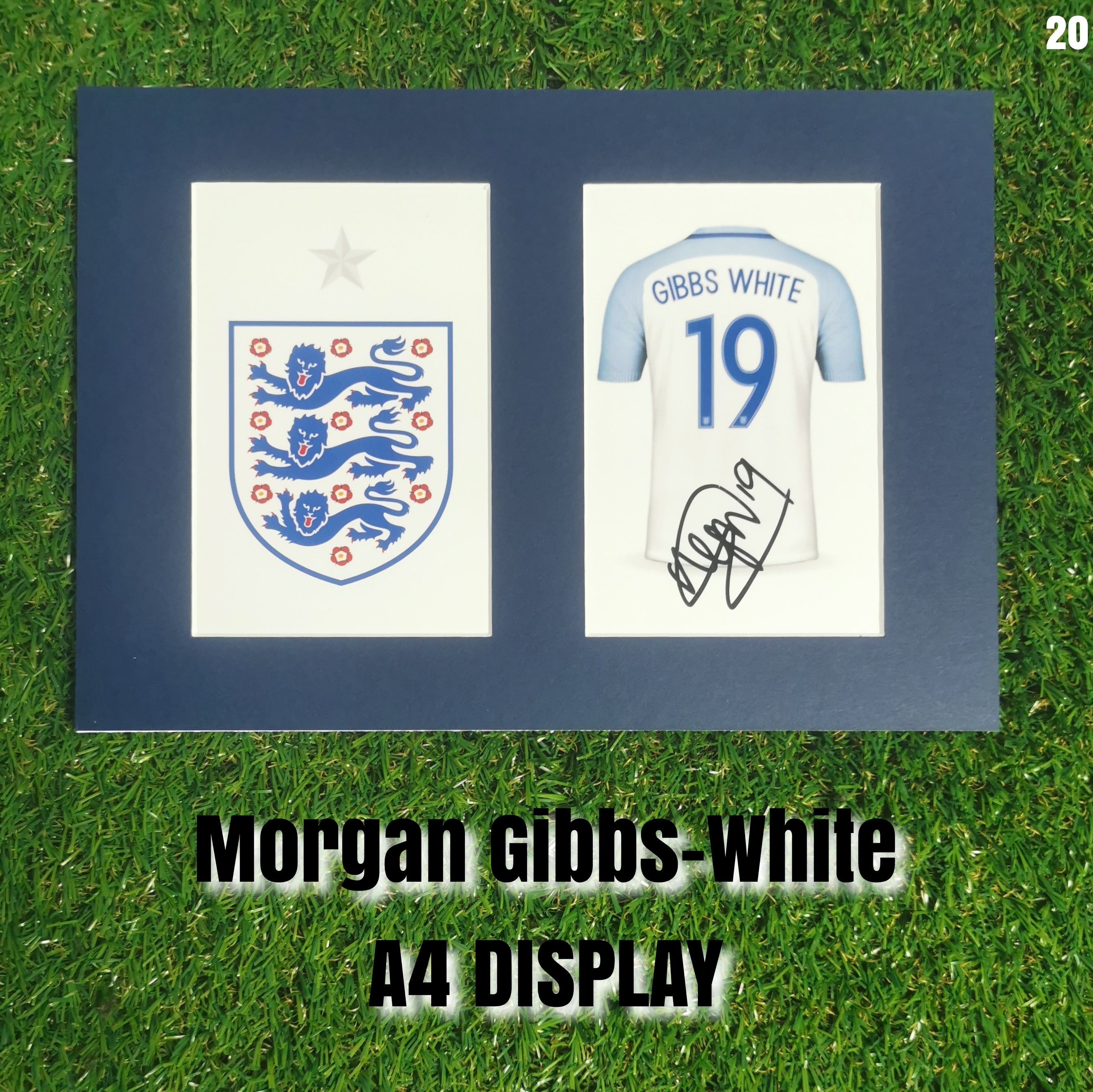 Morgan Gibbs-White Signed England Shirt & Crest Display - Navy Mount - A4