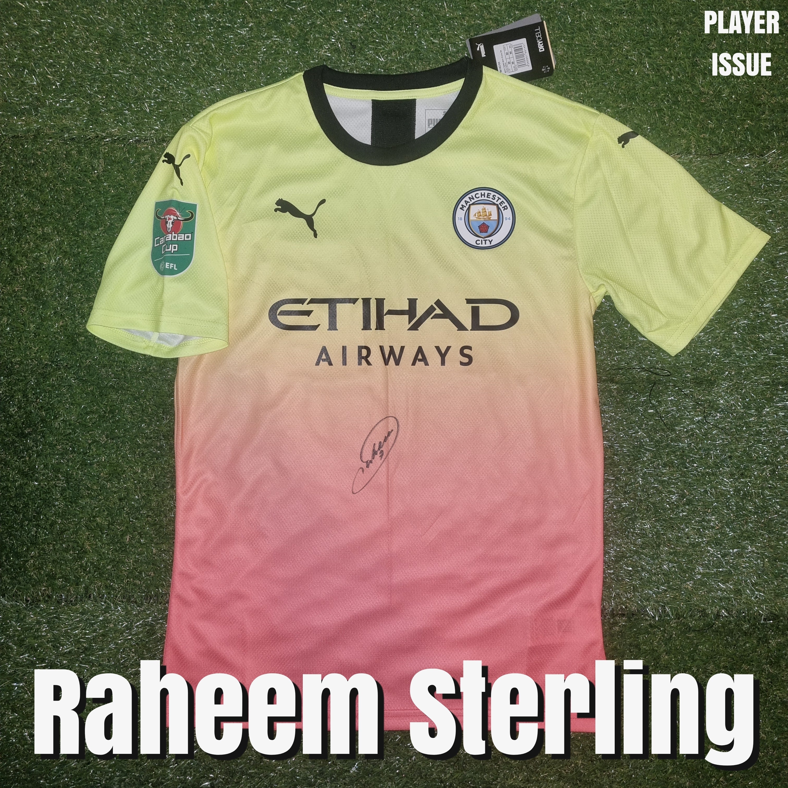 Raheem Sterling Signed 2019/20 Manchester City Third Shirt - Player Issue - Carabao Cup Patch - Signed Front