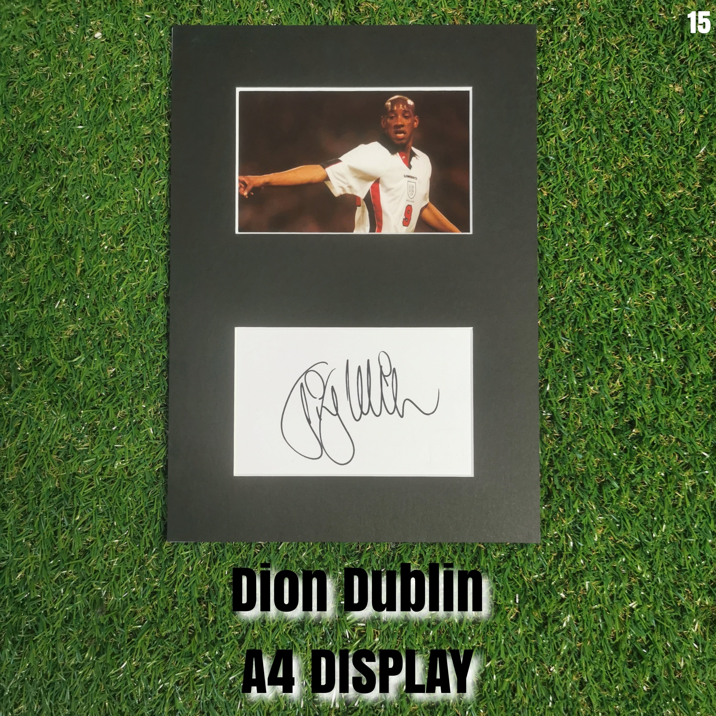 Dion Dublin Signed England Card & Photo Display - Black Mount - A4