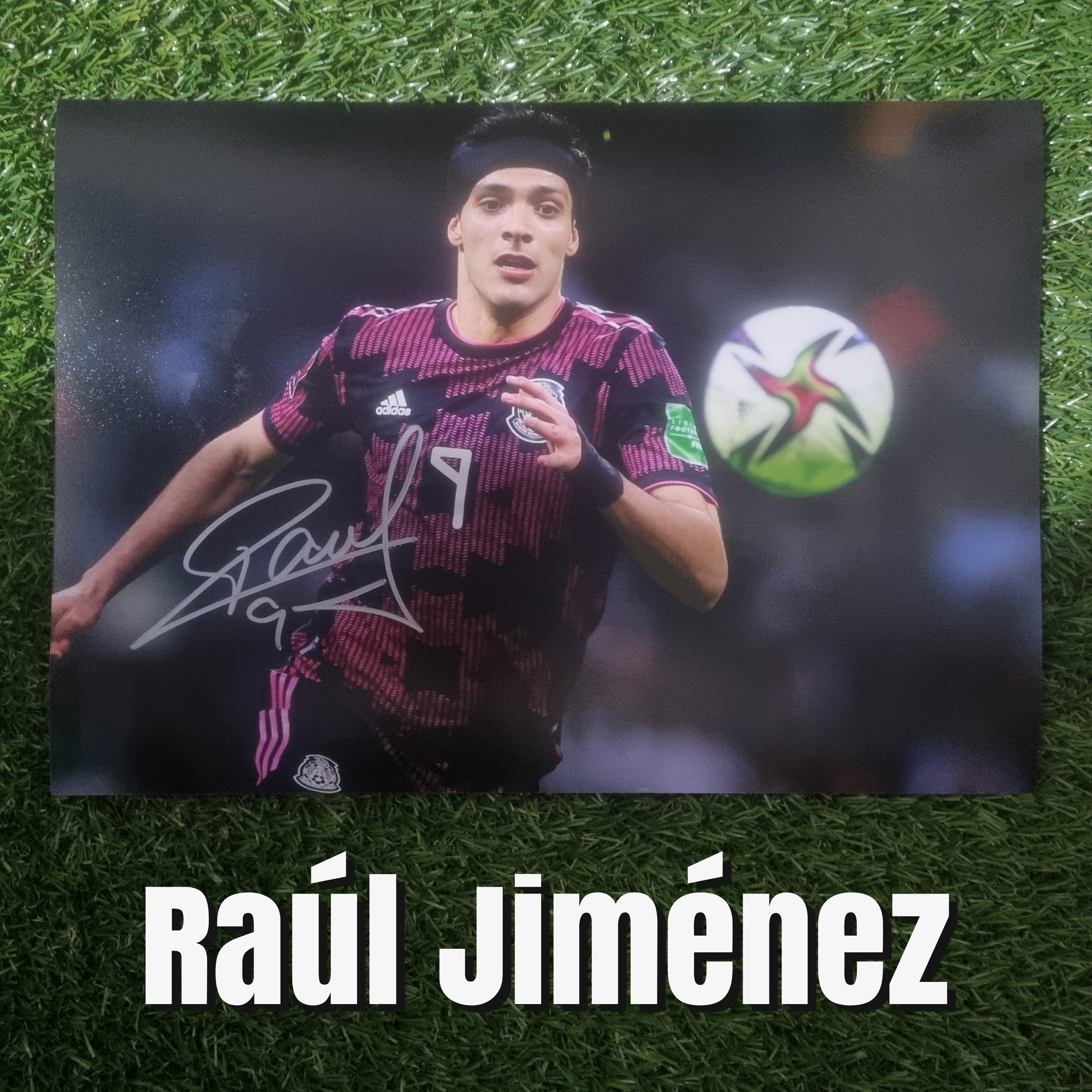 Raúl Jiménez Signed A4 Mexico Pink/Black Kit Photo