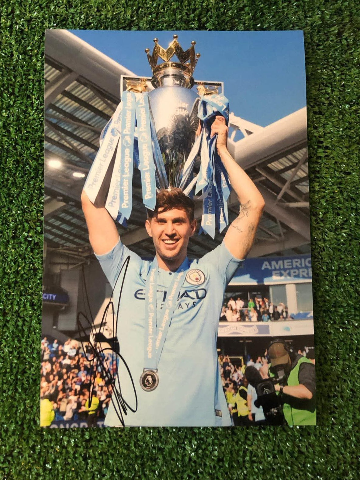 John Stones Signed A4 Manchester City Premier League Trophy Photo
